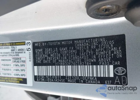 2006 Toyota Corolla Le z USA, uszkodzony, nr VIN 2T1BR32E76C582184